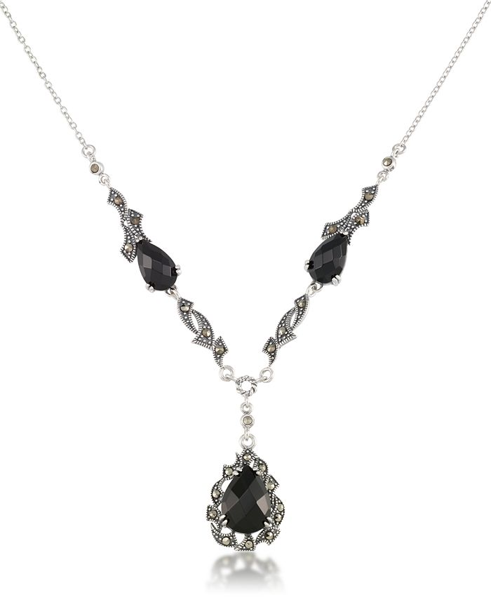 Macy's - Marcasite and Faceted Onyx Teardrop Pendant+18" Chain in Sterling Silver