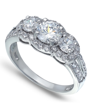 image of Cubic Zirconia Round 3 Stone Halo Ring in Fine Silver Plate