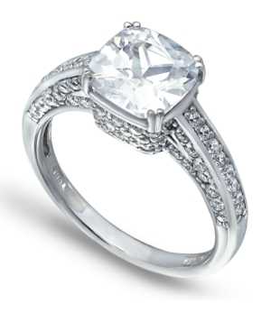 image of Cubic Zirconia Cushion Stone Ring with Fancy Pave Gallery in Fine Silver Plate