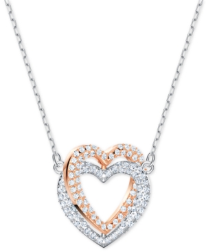 image of Swarovski Two-Tone Crystal Double Heart Pendant Necklace, 14-7/8