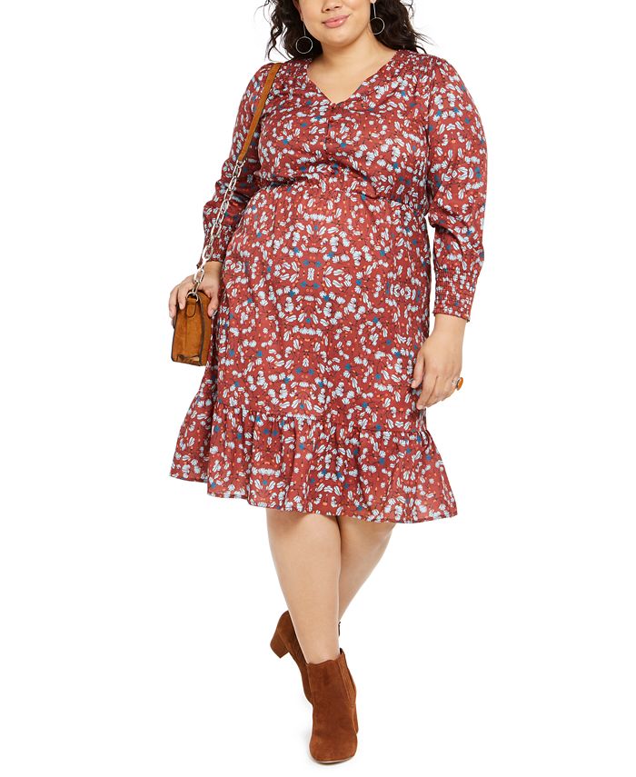 NY Collection Plus Size Printed Smocked-Sleeve Midi Dress - Macy's