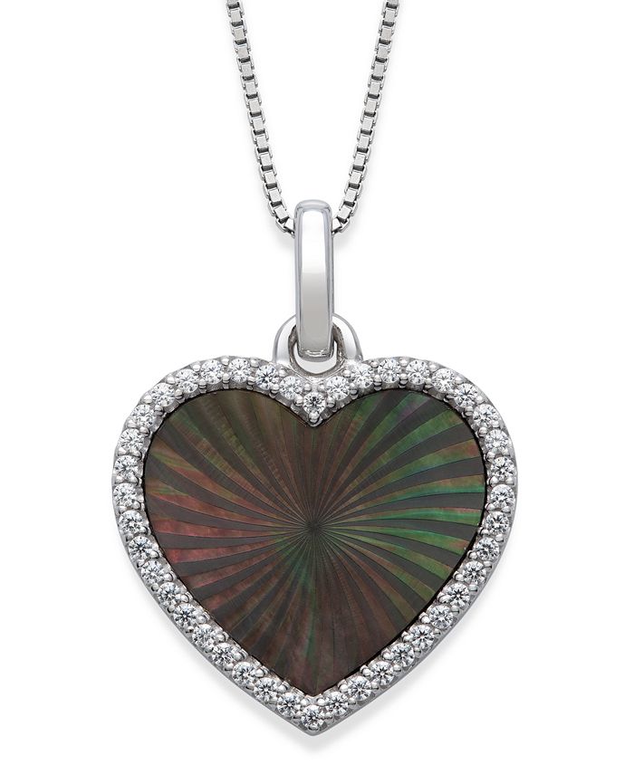 Macy's - Black Mother of Pearl 14x13mm and Cubic Zirconia Heart Shaped Pendant with 18" Chain in Sterling Silver