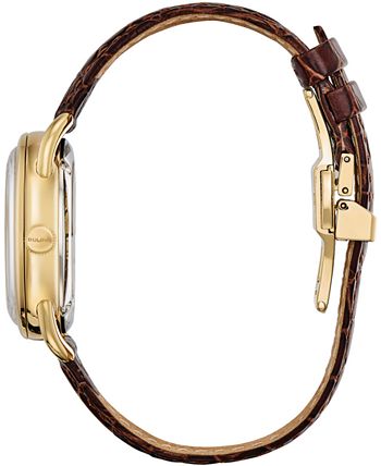 Bulova - Women's Swiss Automatic Joseph Brown Leather Strap Watch 34.5mm