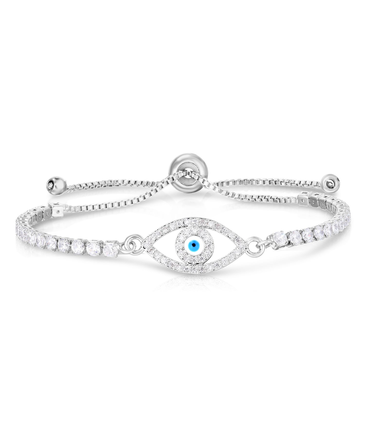 Cubic Zirconia Evil Eye Adjustable Bolo Bracelet In Silver Plate or Gold Plate