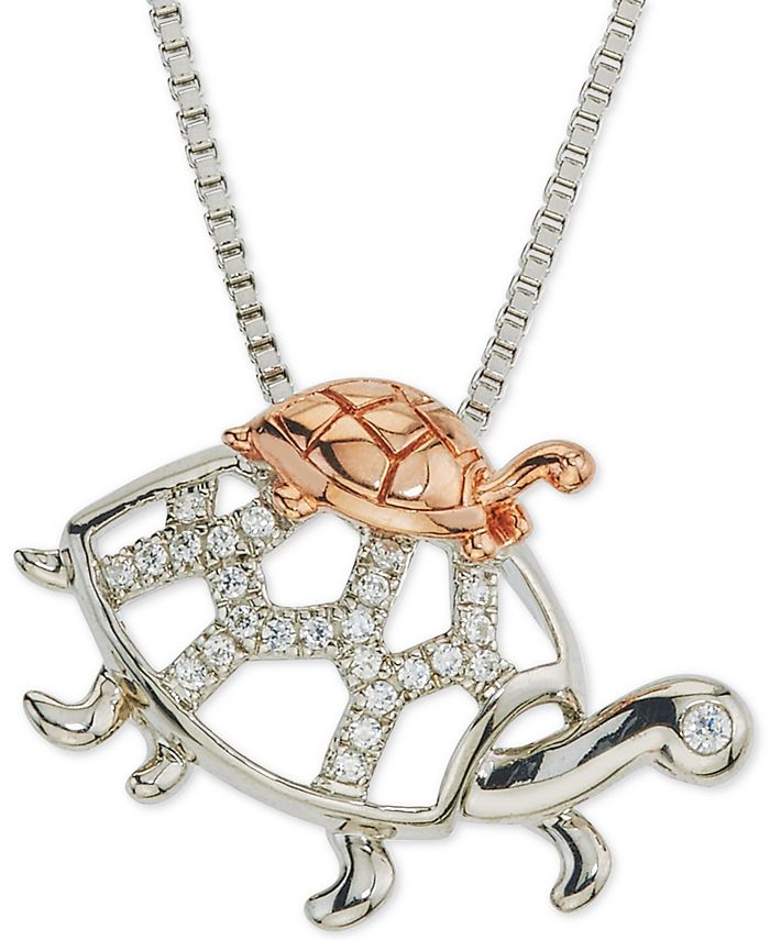 Macy's - Diamond Turtle Parent & Child 18" Pendant Necklace (1/10 ct. t.w.) in Sterling Silver & 10k Rose Gold
