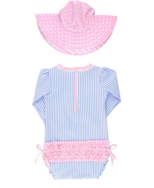 image of Rufflebutts Baby Girl-s Long Sleeve Rash Guard Swimsuit Swim Hat Set