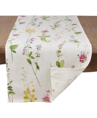 Linen Table Runner with Watercolor Floral Stem Design