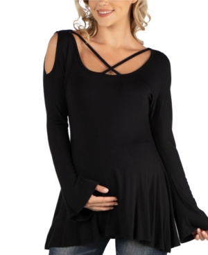 image of 24Seven Comfort Apparel Long Sleeve Strappy Neck Flared Maternity Tunic Top