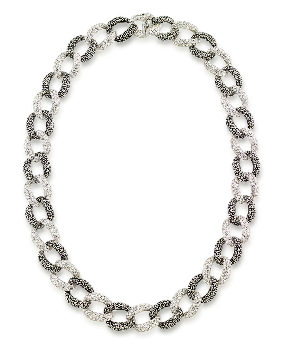 Marcasite and Crystal Pave Oval Interlocking Necklace in Sterling Silver