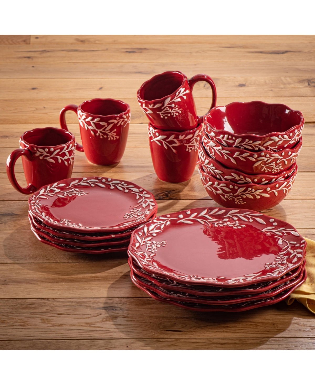 American Atelier Bianca Mistletoe Red and White Ceramic 16-Piece Dinnerware Set - Red And White