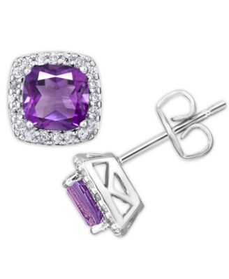 Birthstone Cushion Halo Solitaire Stud Earrings in Silver Plate