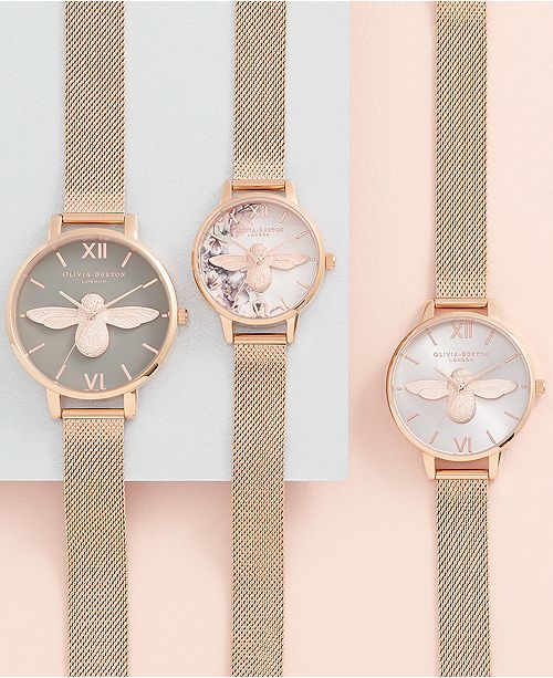 Olivia Burton Women S 3d Bee Rose Gold Tone Stainless Steel Mesh