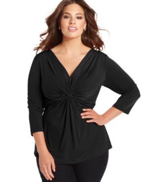 Ny Collection Plus Size Three-Quarter-Sleeve Twist-Front Top