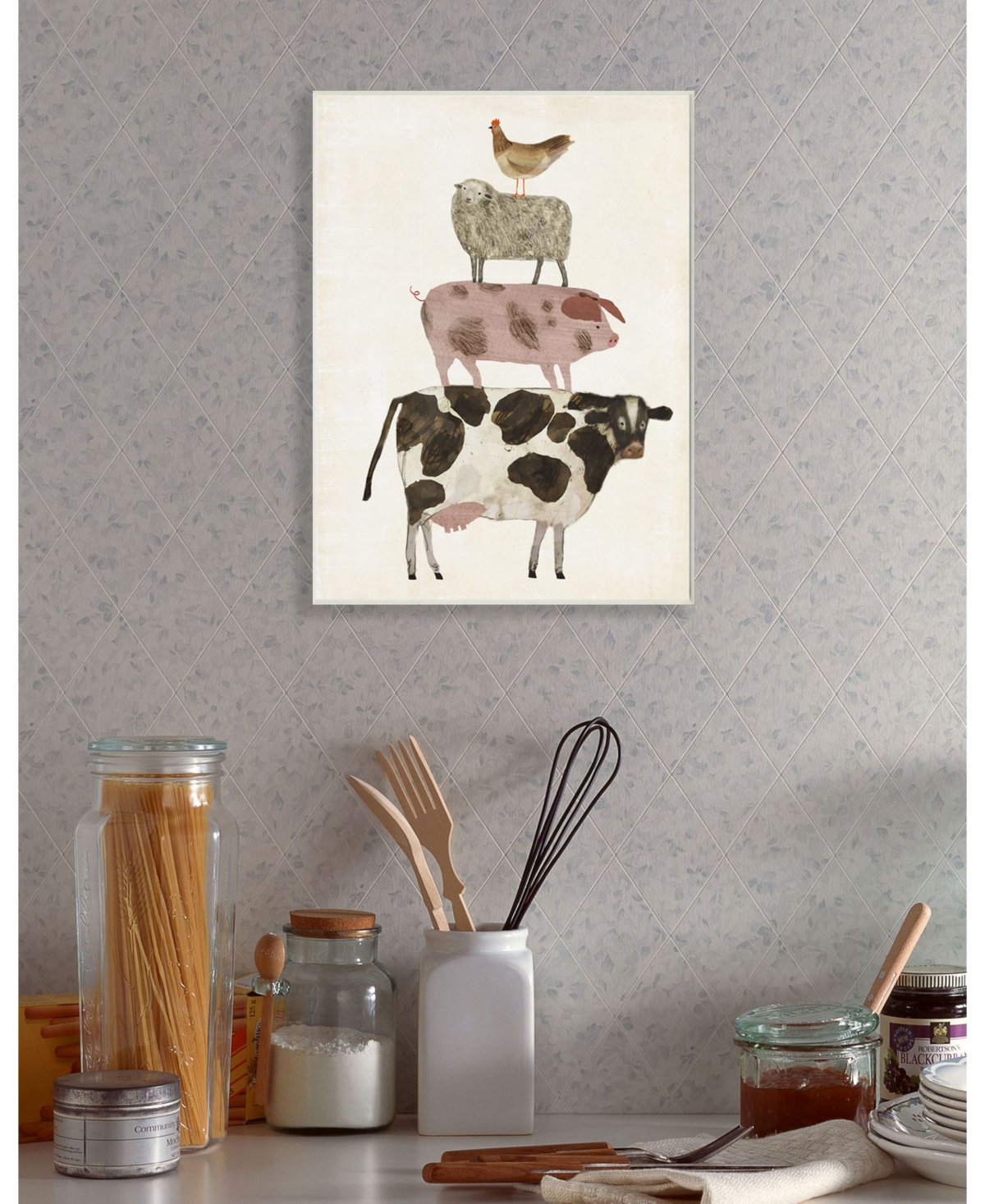 Stupell Industries Home Decor Collection Cow Sheep Pig and Chicken Barnyard Buds Stacked Farm Animals Wall Plaque Art 12.5