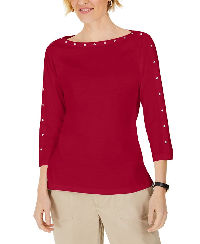 Karen Scott Studded 3/4-Sleeve Top, Created for Macy's - Macy's