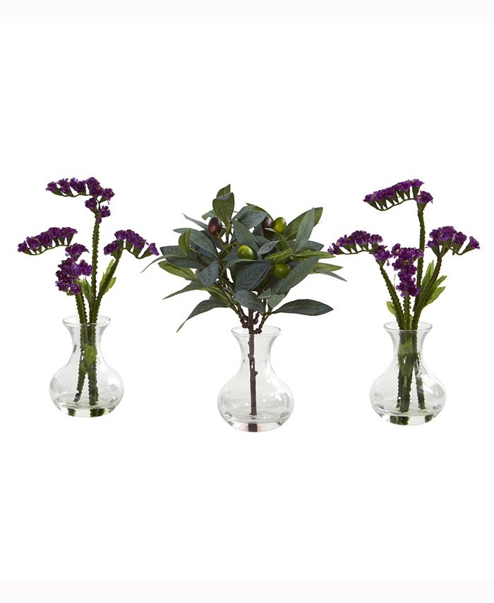 Nearly Natural - 10in. Baby Breath and Olive Artificial Arrangement in Vase Set of 3