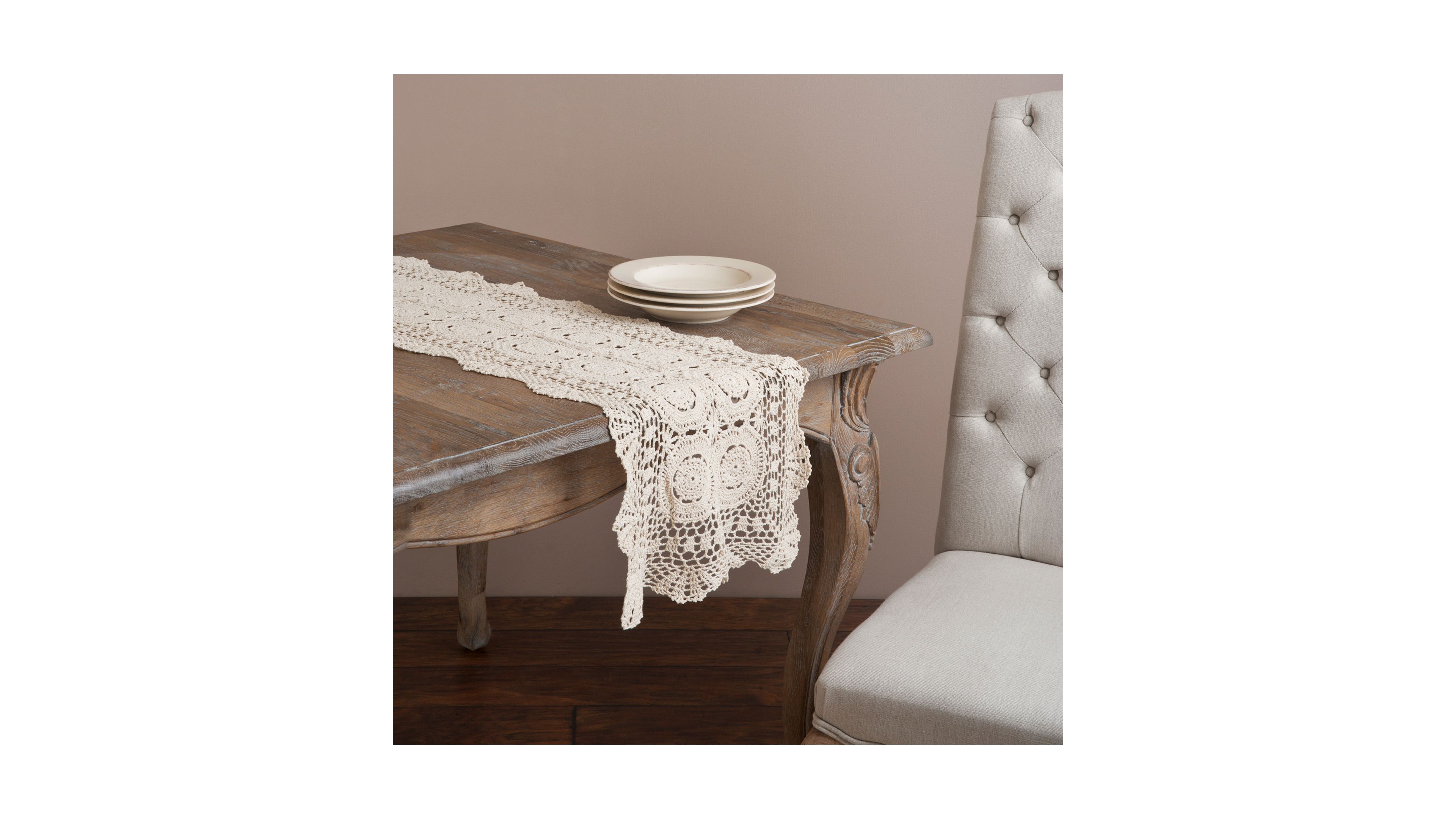 Saro Lifestyle Handmade Cotton Crochet Table Runner, 16" x 54"