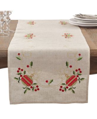 Embroidered Ornament Holiday Linen Blend Table Runner, 16" x 72"