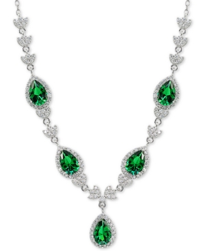 image of Cubic Zirconia Green Halo Fancy Statement Necklace in Sterling Silver, 16