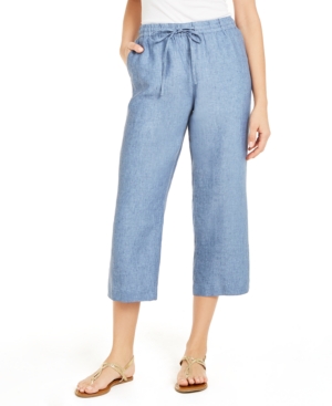 Charter Club Women's Linen Capri Tie-waist Pants, Created For Macy's In Blue Ocean
