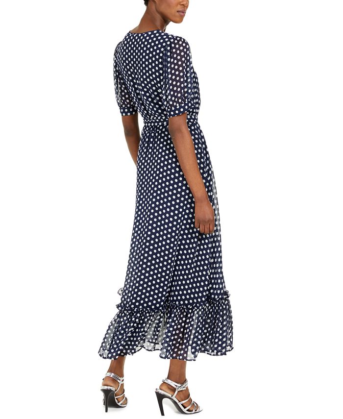 Calvin Klein Belted Polka Dot Peasant Dress - Macy's