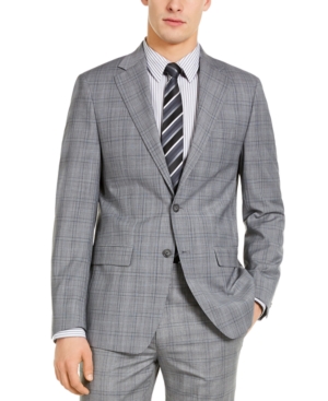 Calvin Klein Men's X-Fit Slim-Fit Infinite Stretch Light Gray Blue Plaid Wool Suit Separate Jacket