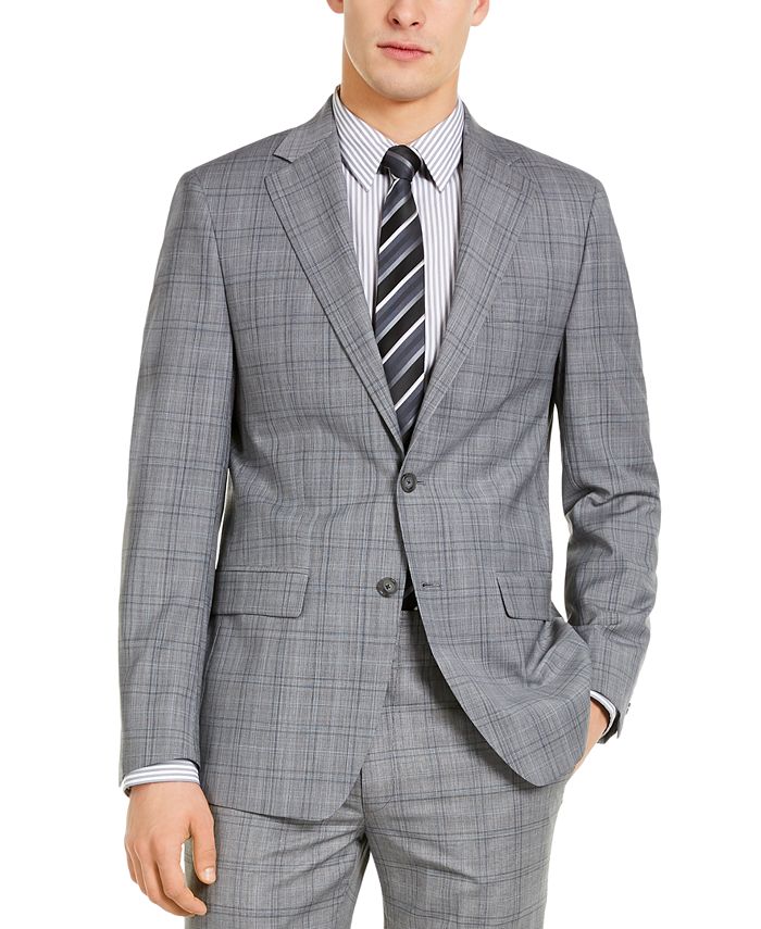 Calvin Klein Men's X-Fit Slim-Fit Infinite Stretch Light Gray Blue Plaid  Wool Suit Separate Jacket & Reviews - Suits & Tuxedos - Men - Macy's
