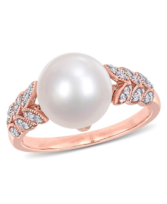Macy's - Freshwater Cultured Pearl (9.5-10mm) and Diamond (1/6 ct. t.w.) Leaf Ring in 10k Rose Gold