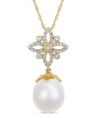 Macy's - South Sea Cultured Pearl (11-12mm) and Diamond (1/4 ct. t.w.) Floral Drop 17" Necklace in 14k Yellow Gold