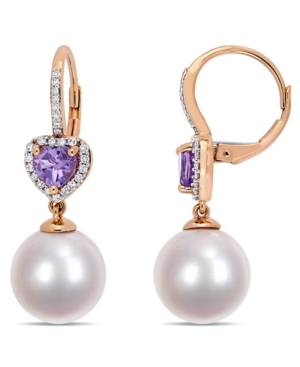 image of Freshwater Cultured Pearl (11-12mm), Amethyst (4/5 ct. t.w.) and Diamond (1/5 ct. t.w.) Heart Drop Earrings in 10k Rose Gold