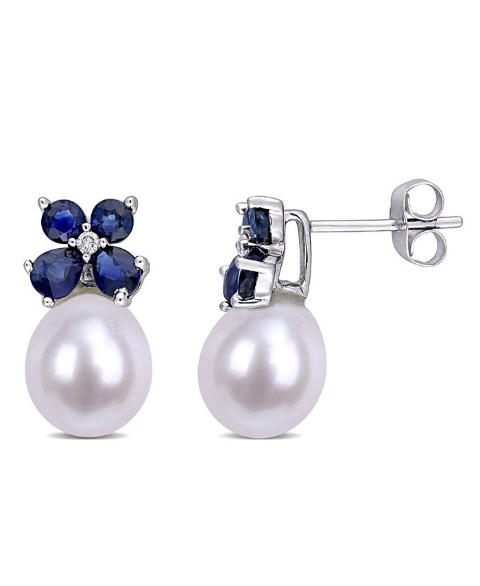 Macy's - Freshwater Cultured Pearl (8-8.5mm), Sapphire (1 1/4 ct. t.w.) and Diamond Accent Earrings in 10k White Gold