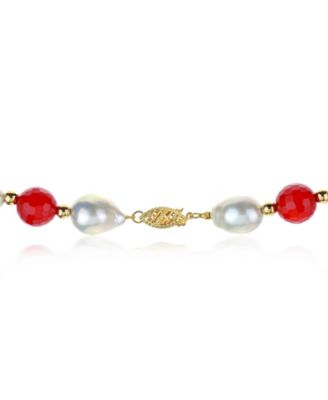 White Baroque Freshwater Cultured Pearl (12-13mm) with Red Agate (91 ct. t.w) and Gold Beads (4mm) 18" Necklace in 14k Yellow Gold. Also Available with Green Agate