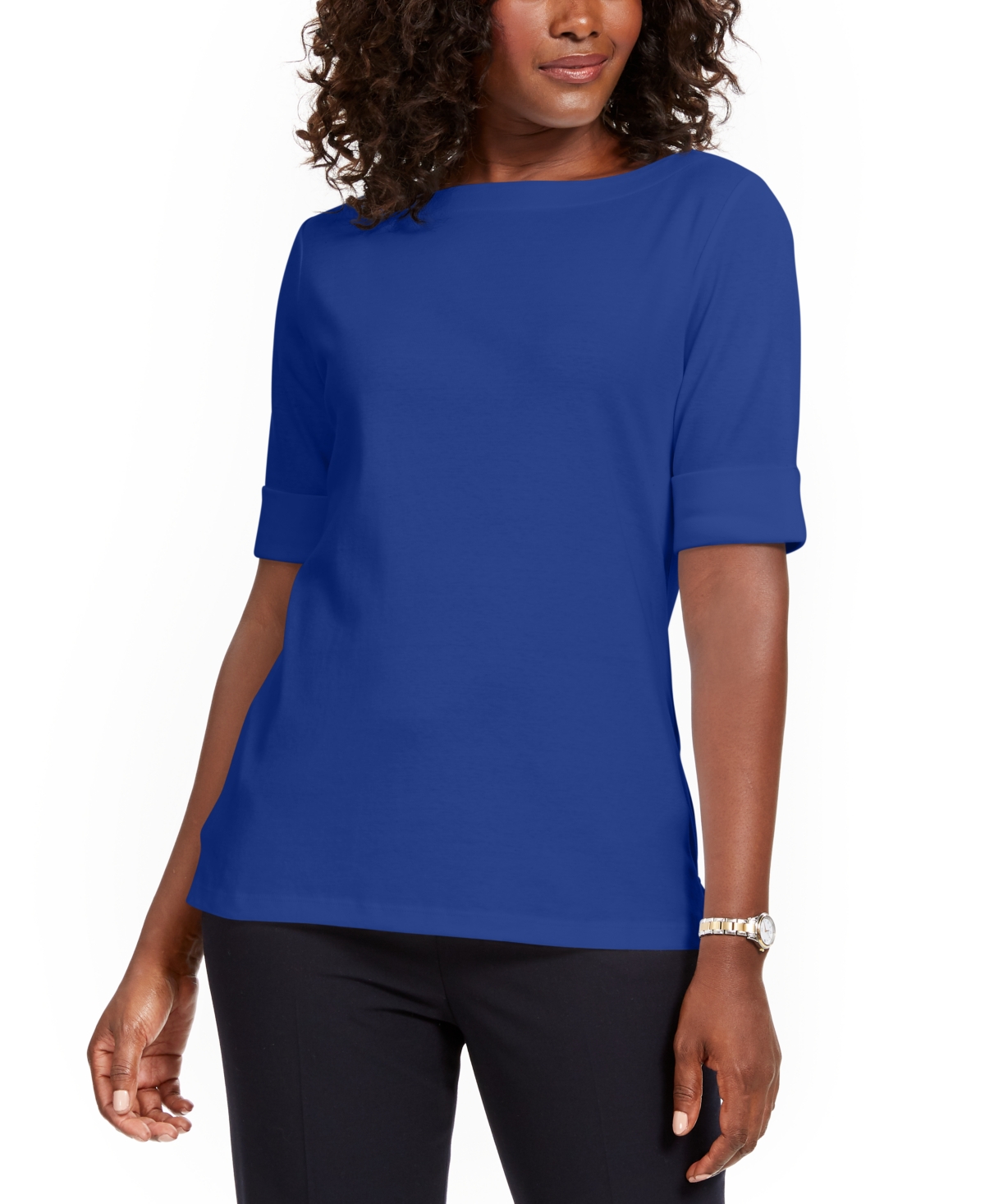Petite Cotton Elbow-Sleeve T-Shirt, Created for Macy's - Ultra Blue
