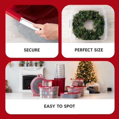33 Qt. 3-pack Holiday Wreath Storage Container Box with Lid, Clear/Red