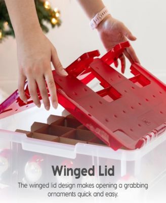 USA 2Pack 60qt Plastic Christmas Ornament Storage Box with Hinged Lid and Dividers, Red, Holiday Color