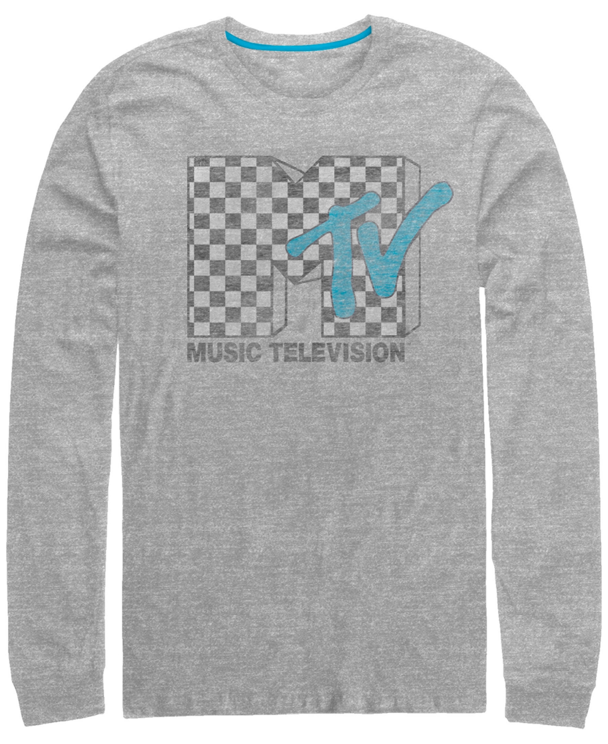 Men's Distressed Retro Checkered Logo Long Sleeve T- shirt - Heather Gr