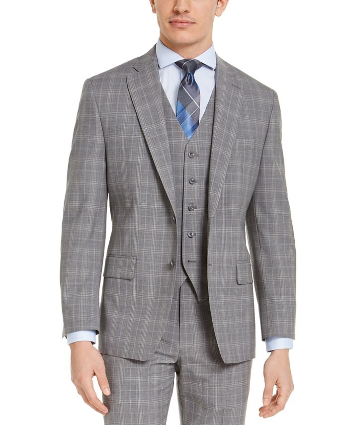 Michael Kors - Men's Classic-Fit Airsoft Stretch Gray Plaid Suit Jacket