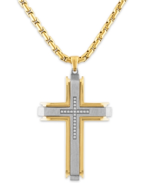 Macy's Men's 1/10 Carat Diamond Cross Pendant 22" Chain In Stainless Steel And Gold Tone Ion Plating