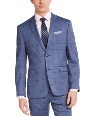 Alberto Cardinali Men's Navy Blue Windowpane Plaid Slim Fit Suit - 2 Piece, Flat Front Pants