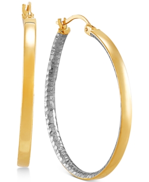 image of Two-Tone Medium Polished & Textured Hoop Earrings in 14k Gold & Rhodium-Plate