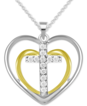 Macy's Diamond Double Heart Cross Pendant Necklace (1/10 Ct. T.w.) In Sterling Silver & 14k Gold-plated Ste In Two Toned