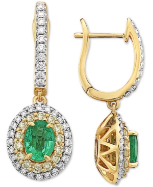 image of Emerald (1-1/4 ct. t.w.), White Diamond (1/2 c.t. t.w.) & Yellow Diamond (1/2 c.t. t.w.) Halo Drop Earrings in 14k Gold