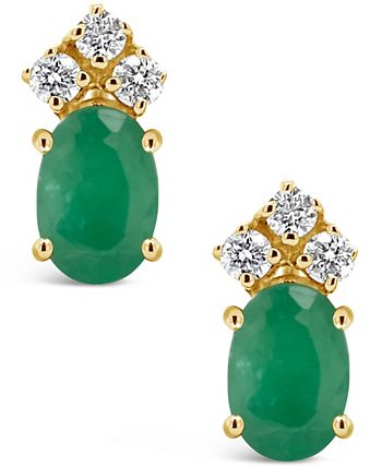 Macy's - Emerald (1 ct. t.w.) and Diamond (1/8 ct. t.w.) Stud Earrings in 14k Yellow Gold