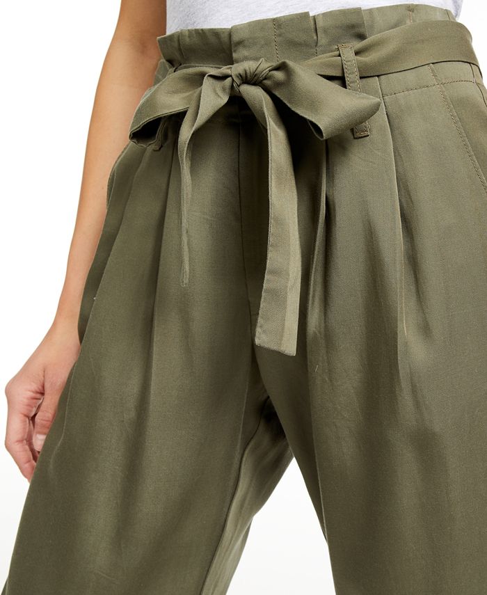 Knox Rose Women's Paperbag Shorts - Mid-Rise Olive Green Elastic Waist With Tie Belt