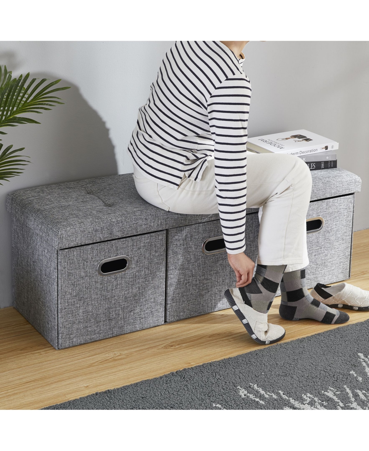Ornavo Home Collapsible Tufted Linen Long Bench Storage Ottoman with 3 Drawers