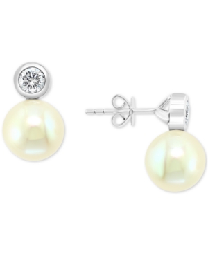 image of Effy Cultured Freshwater Pearl (9mm) & Diamond (1/2 ct. t.w.) Drop Earrings in 14k White Gold