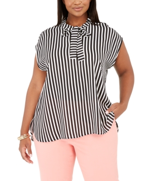 image of Bar Iii Trendy Plus Size Tie-Neck Striped Top, Created for Macy-s