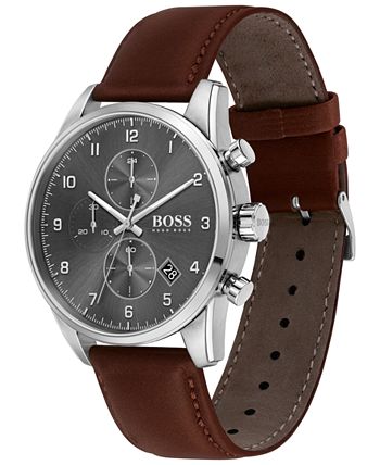 BOSS - Men's Chronograph Skymaster Brown Leather Strap Watch 44mm