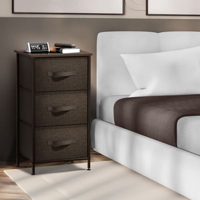 Nightstand with 3 Drawers - Steel Frame, Wood Top & Easy Pull Fabric Bins - Perfect for Home, Bedroom, Office & College Dorm