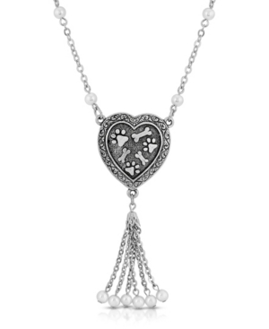 image of 2028 Pewter Imitation Pearl Paw and Bones Heart Tassel Drop Necklace